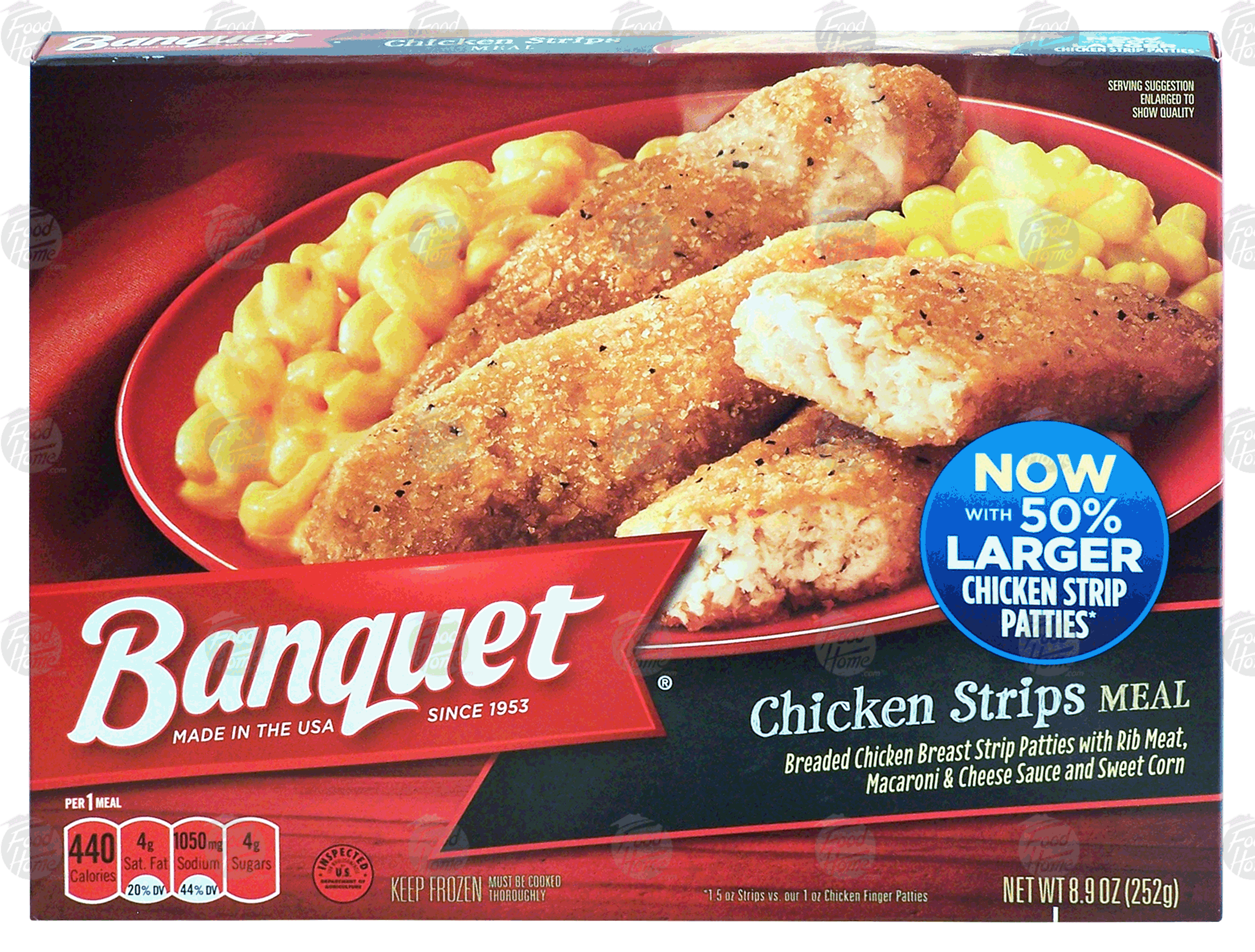 Banquet  chicken strips meal with macaroni & cheese sauce and sweet corn Full-Size Picture